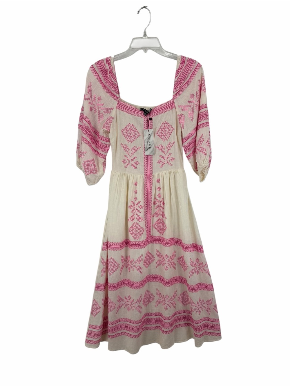 Strut & Bolt Cream Midi Dress with Pink Embroidered Pattern NWT
